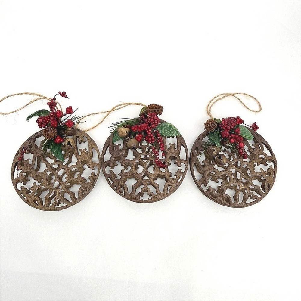 Round Christmas Holiday Ornaments Filigree Berry Jingle Bell Rustic Decor 3pc